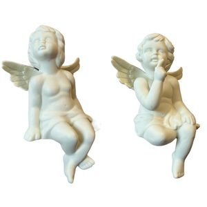 Cherub Angels shelf sitters set of 2, cream sparkling wings